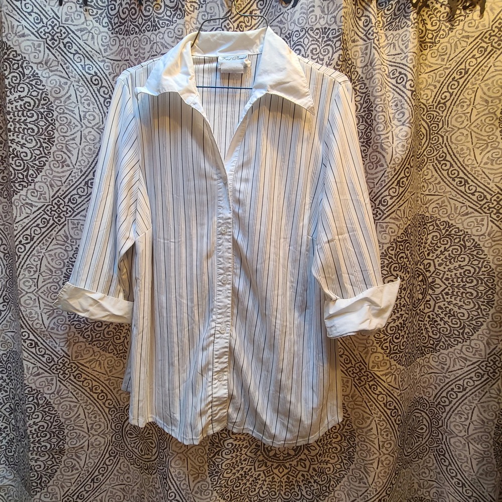 Fred David Button Down Shirt Women 1X Pinstripe Semi Sheer Cuffed 3/4 Sleeve